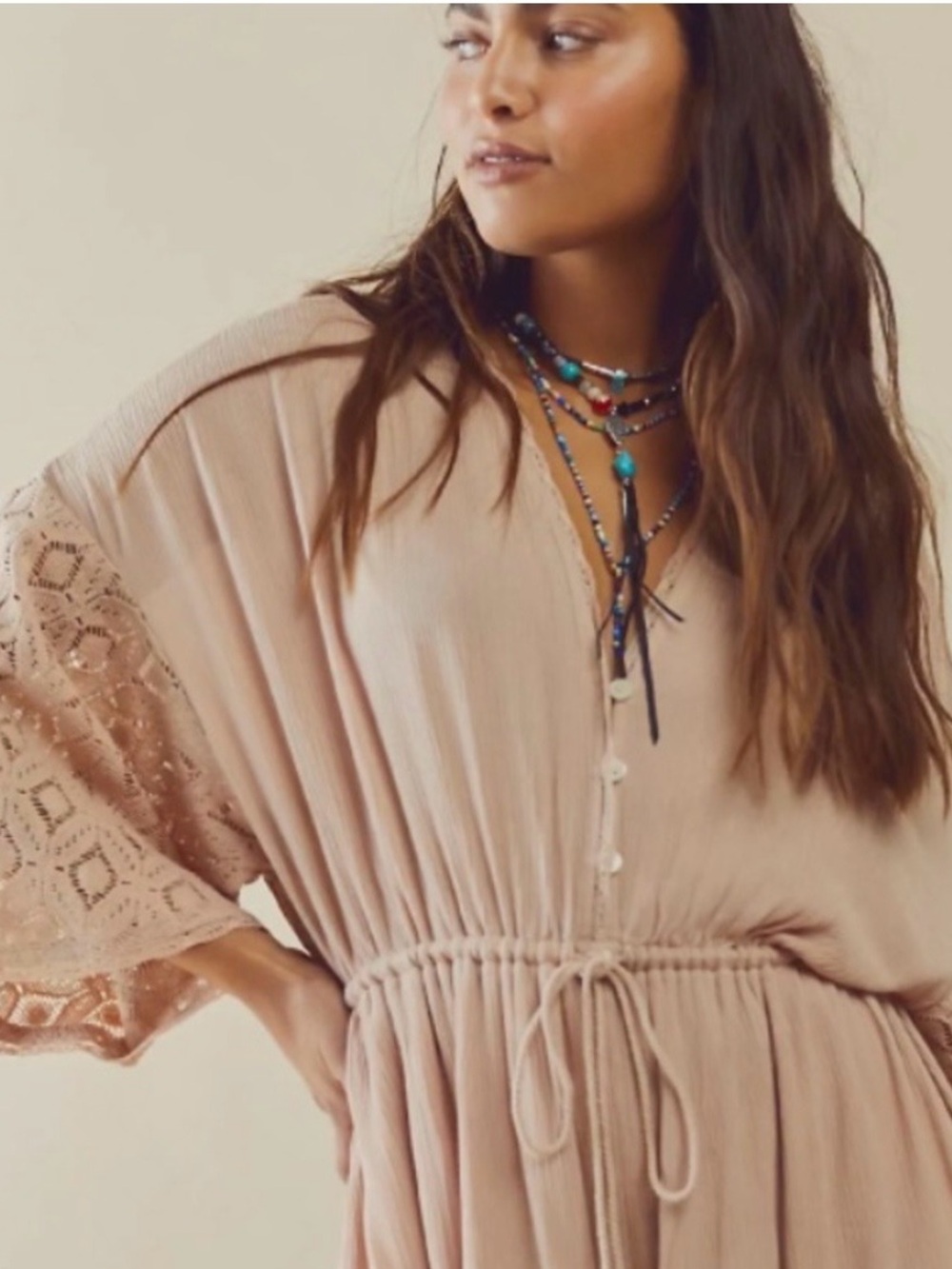 Free People Angela Wide Leg Flare Boho Pant Jumpsuit Crochet Blush Pink Sz Med - Picture 3 of 8